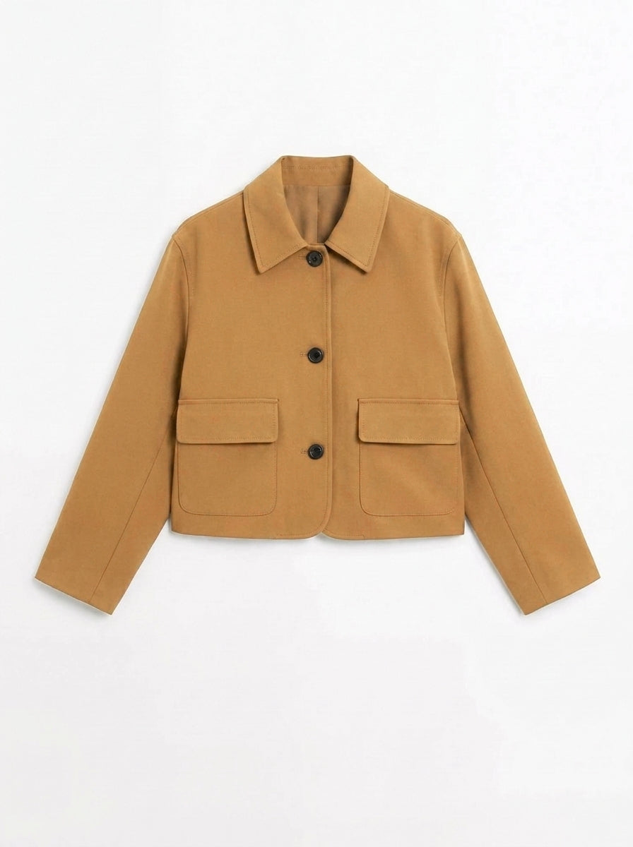 Stylish women's cropped suede jacket, a versatile button-up perfect for casual everyday wear & spring/autumn fashion.