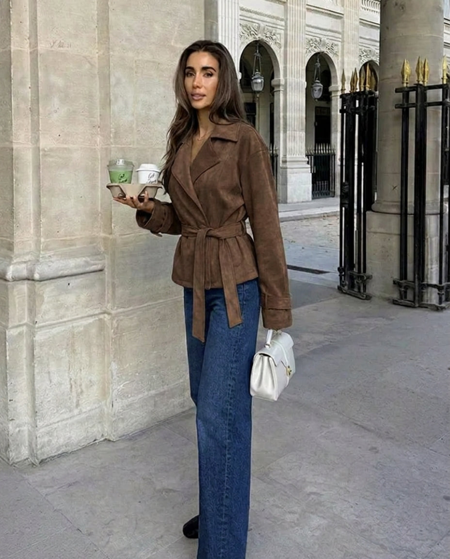 Elegant women's retro suede jacket featuring a flattering belted waist and classic lapel for stylish layering.