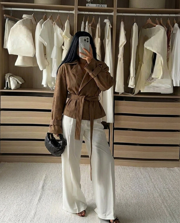 Stylish women's fall jacket, a retro suede design with a belted waist and notched lapel for effortless chic.