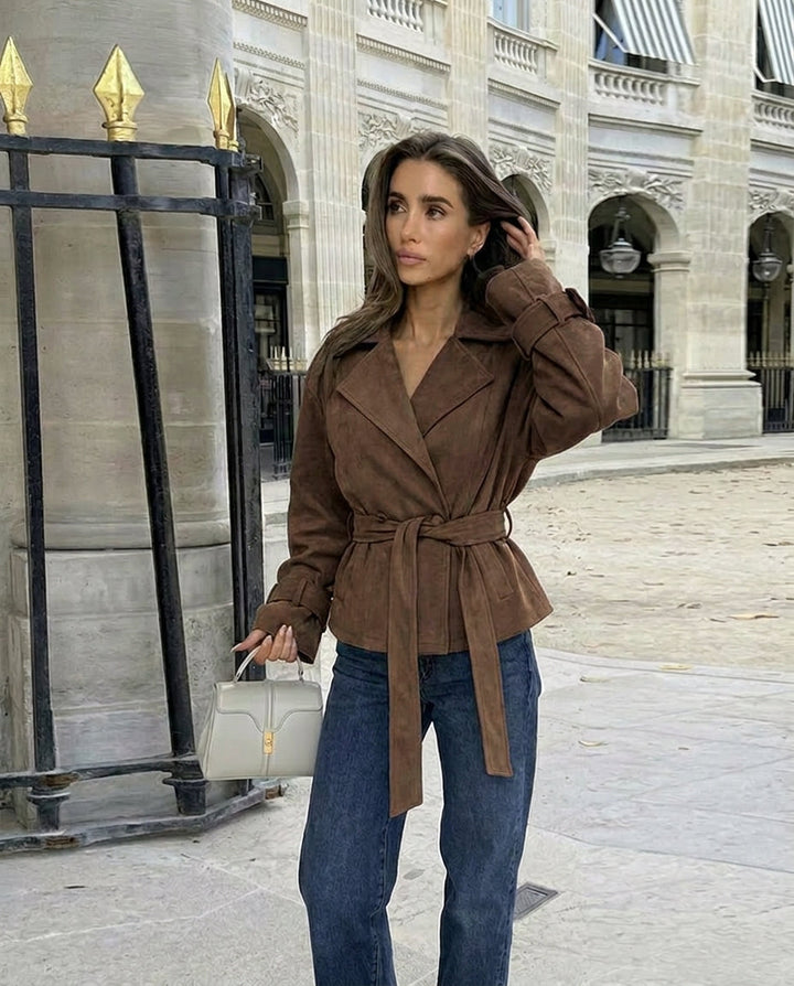 Women's retro suede jacket with a belted waist and notched lapel, perfect for chic fall outerwear.