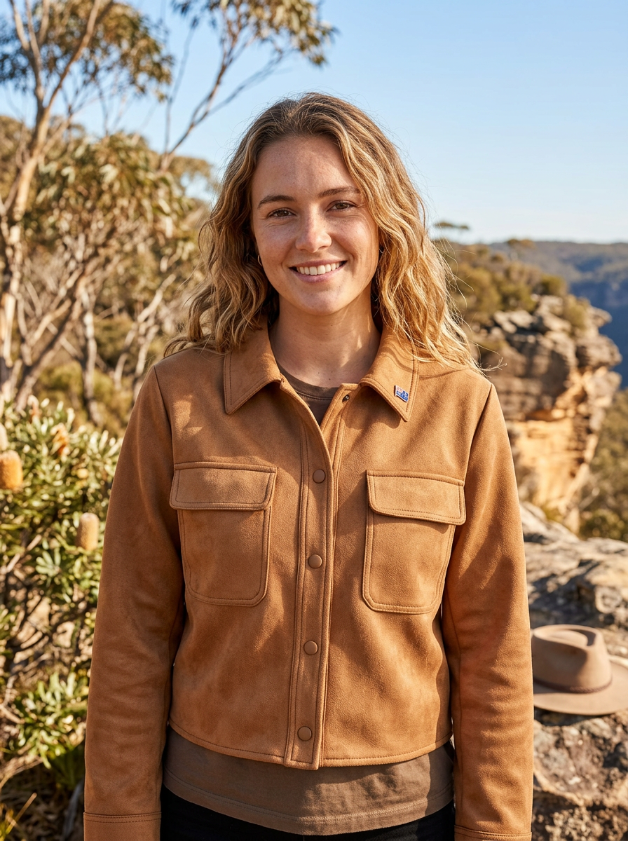 Versatile women's brown cropped suede jacket, a chic button-front outerwear for transitional casual fashion.