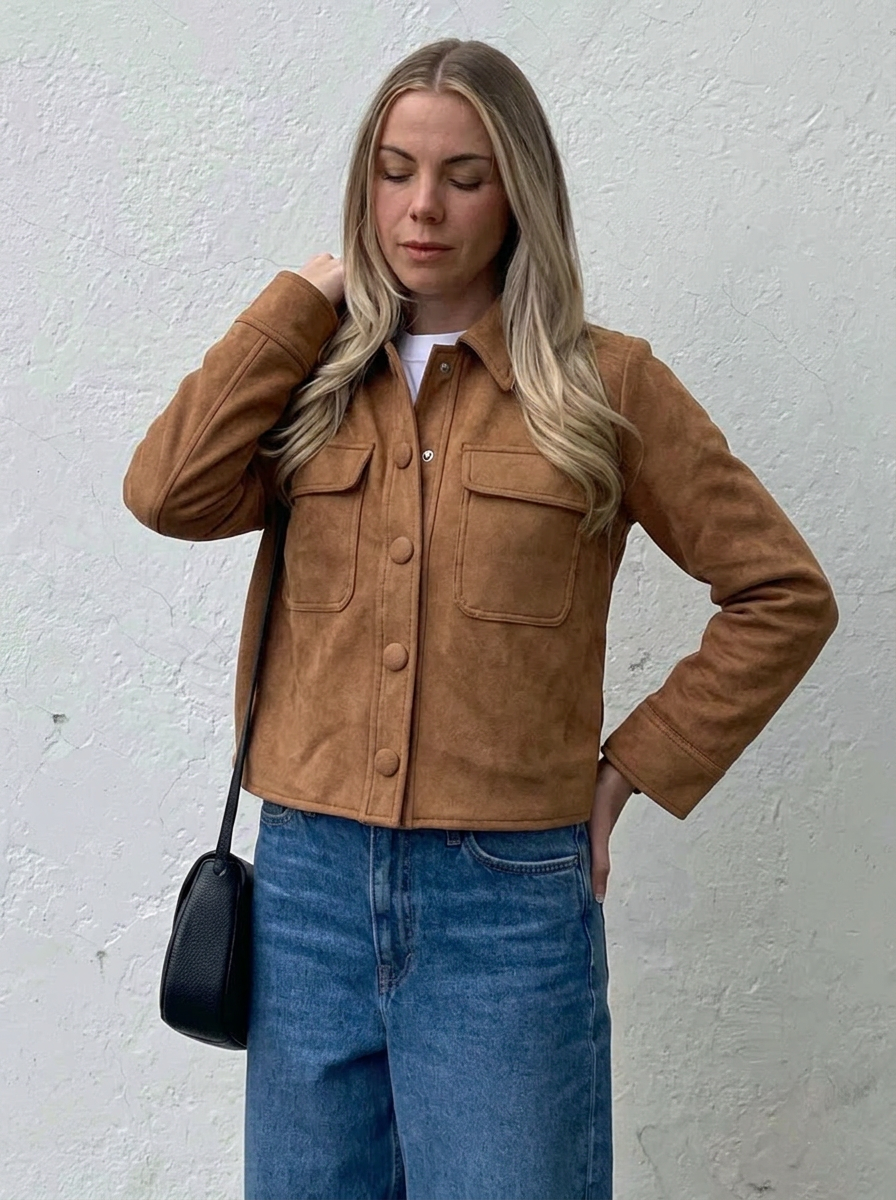 Stylish women's cropped brown suede jacket featuring a classic button-front, ideal for everyday casual wear.