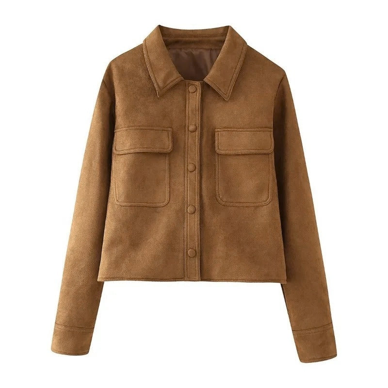 Modern women's brown cropped suede outerwear jacket with button-front, perfect for effortlessly chic style.