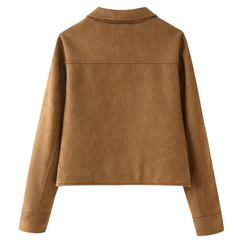 Transitional women's cropped brown suede jacket with a stylish button-front, great for versatile casual layering.