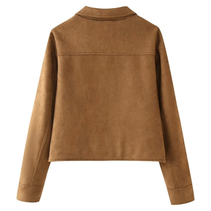 Transitional women's cropped brown suede jacket with a stylish button-front, great for versatile casual layering.