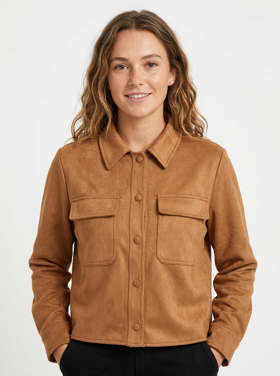 Brown women's cropped suede jacket with button-front closure, perfect for casual modern style & layering.