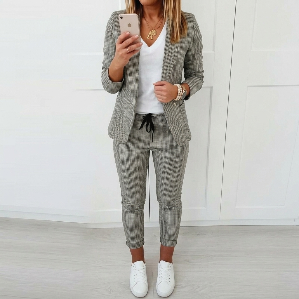 Stylish women's plaid two-piece suit featuring a smart blazer and comfortable cropped pants.