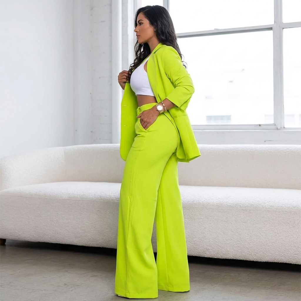 Stylish women's two-piece wide leg pantsuit. Features a chic blazer jacket and comfortable wide leg trousers.