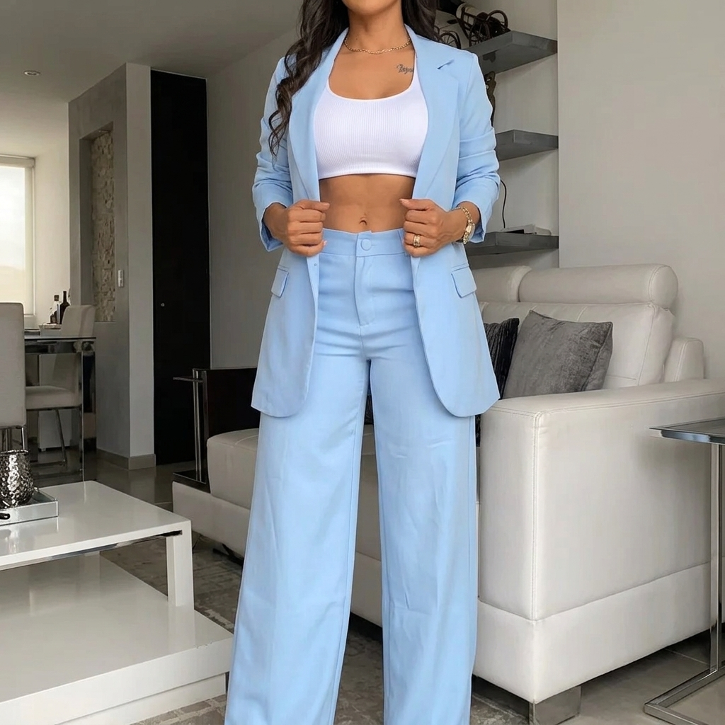 Modern women's wide leg pantsuit in a professional style. Includes a fitted blazer and flowy wide leg trousers.