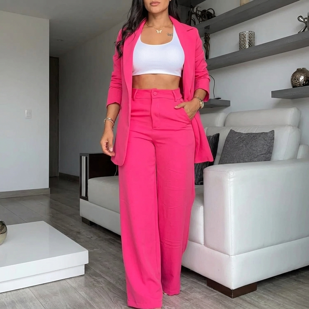 Professional women's business pantsuit featuring a sharp blazer and elegant wide leg trousers for office attire.