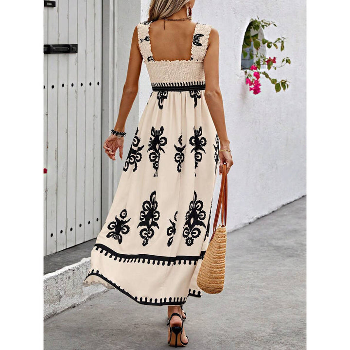 Comfortable Smocked Boho Maxi Dress for women. Sleeveless summer vacation dress with a striking medallion print.