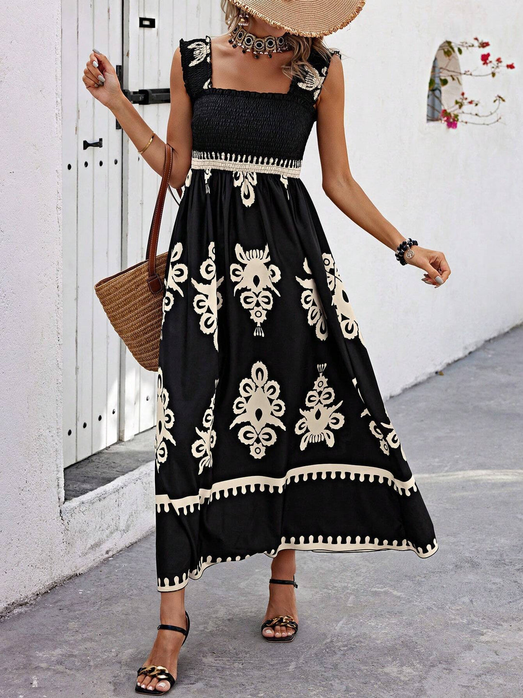 Casual Smocked Boho Long Dress for women. A sleeveless summer maxi with a beautiful medallion print for any outing.
