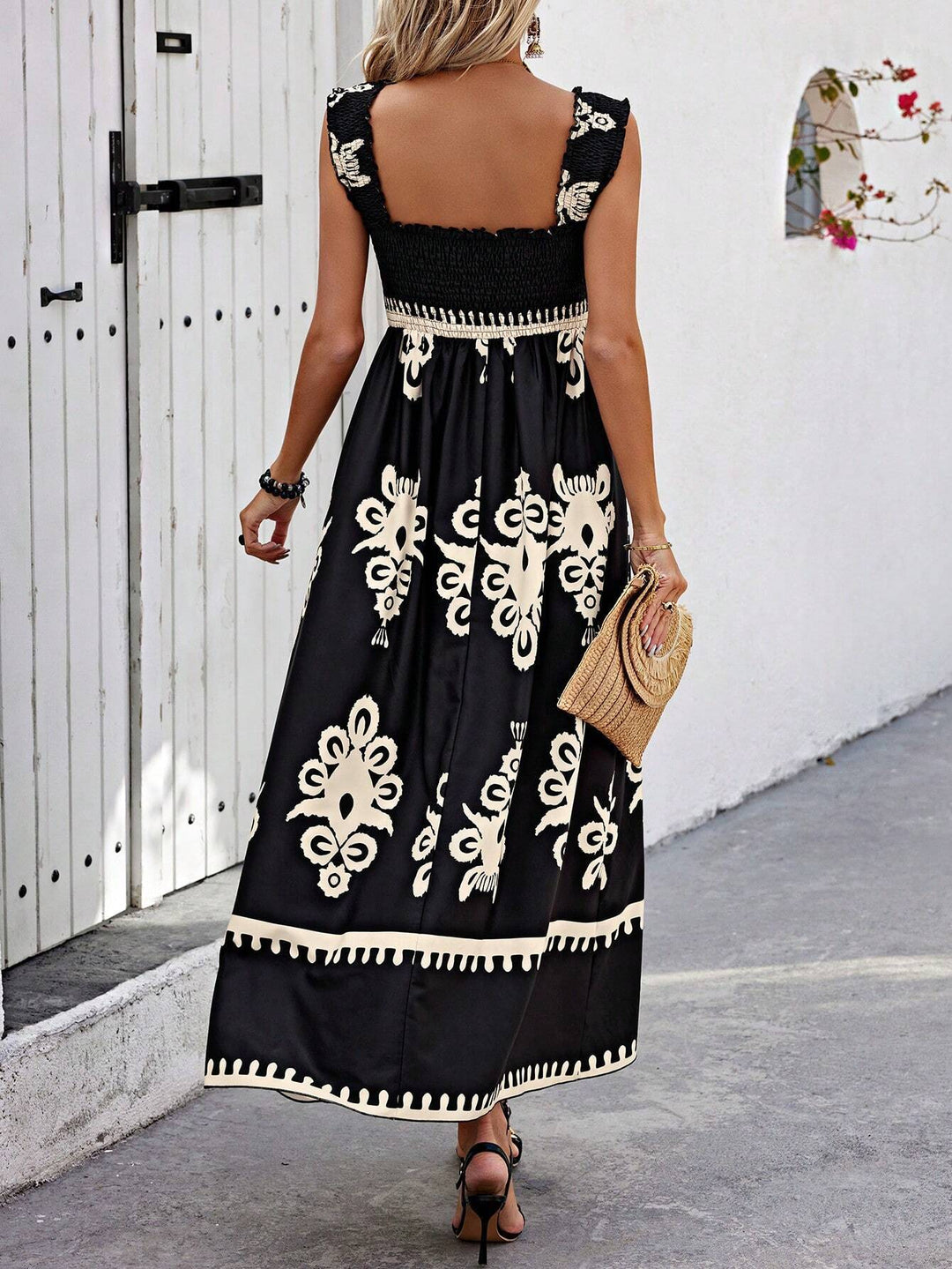 Bohemian Smocked Maxi Dress with Medallion Print. Women's sleeveless summer vacation dress, flowy and comfortable.
