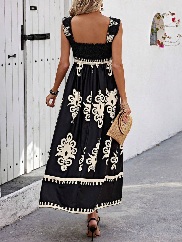 Bohemian Smocked Maxi Dress with Medallion Print. Women's sleeveless summer vacation dress, flowy and comfortable.
