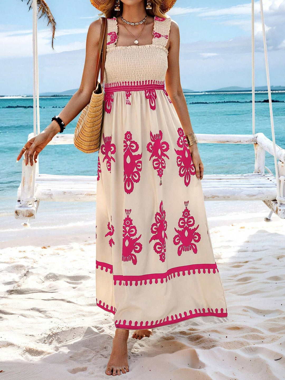 Flowy Smocked Maxi Summer Dress for Women. Bohemian style, sleeveless, with an eye-catching medallion print.