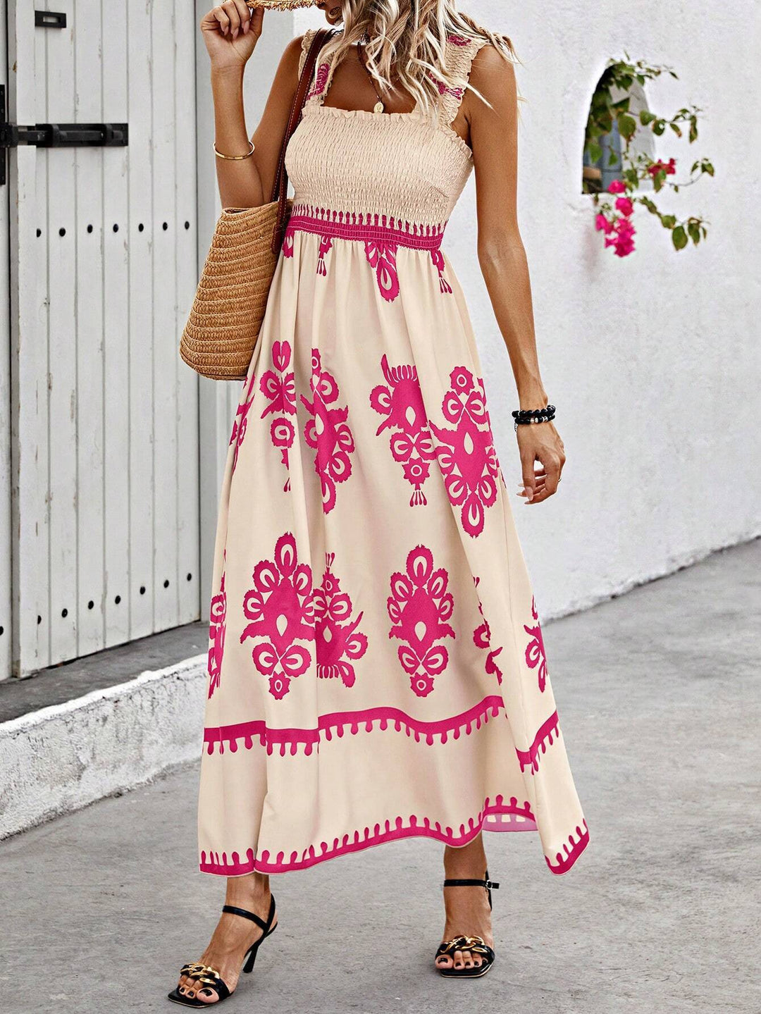 Casual Smocked Maxi Summer Dress. Women's sleeveless flowy design with a vibrant medallion print, ideal for comfort.