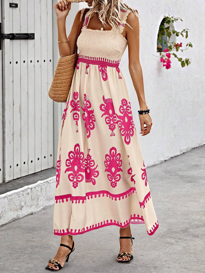 Casual Smocked Maxi Summer Dress. Women's sleeveless flowy design with a vibrant medallion print, ideal for comfort.