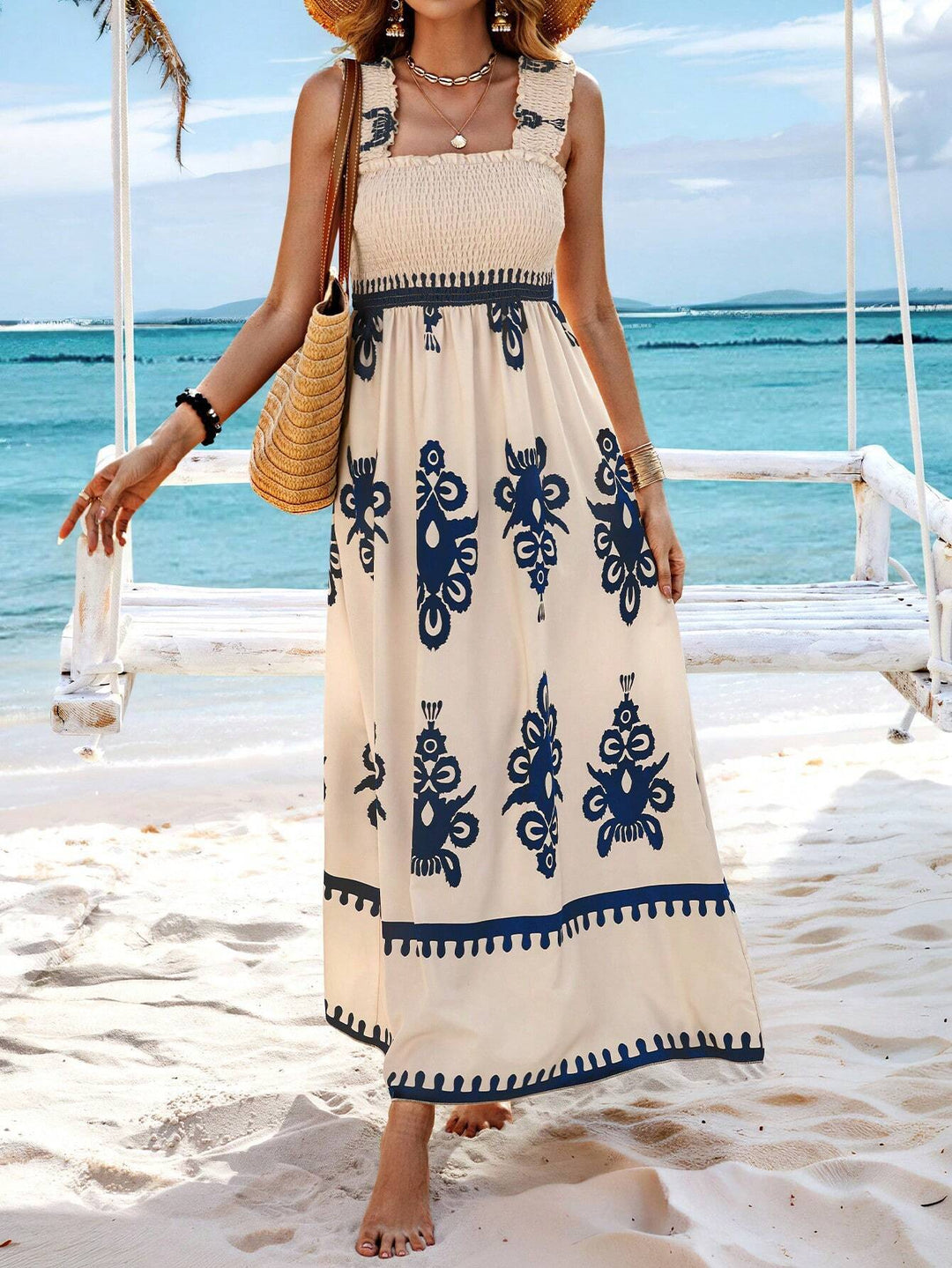 Flowy Smocked Bohemian Maxi Dress for women. Elegant medallion print, ideal for a comfortable summer vacation.