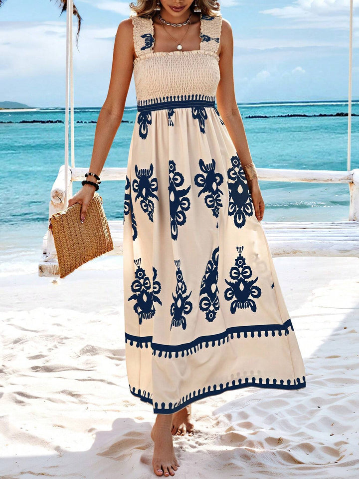 Casual Smocked Maxi Summer Dress for Women, a stylish boho design with an eye-catching medallion print.