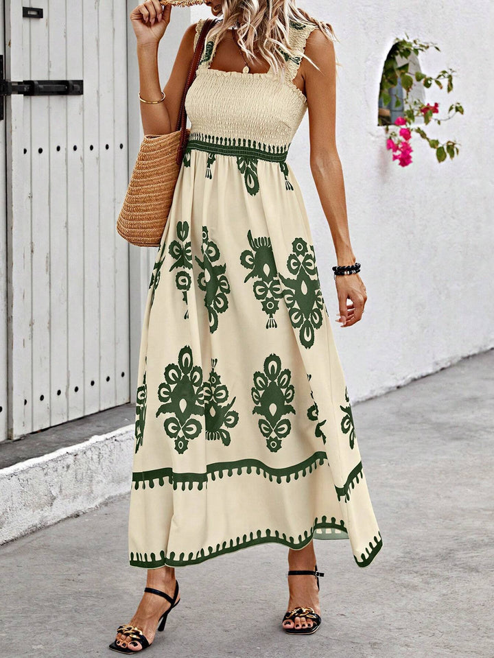 Women's Summer Maxi Dress, smocked bodice & flowy skirt. Boho style with a beautiful medallion print. Sleeveless.