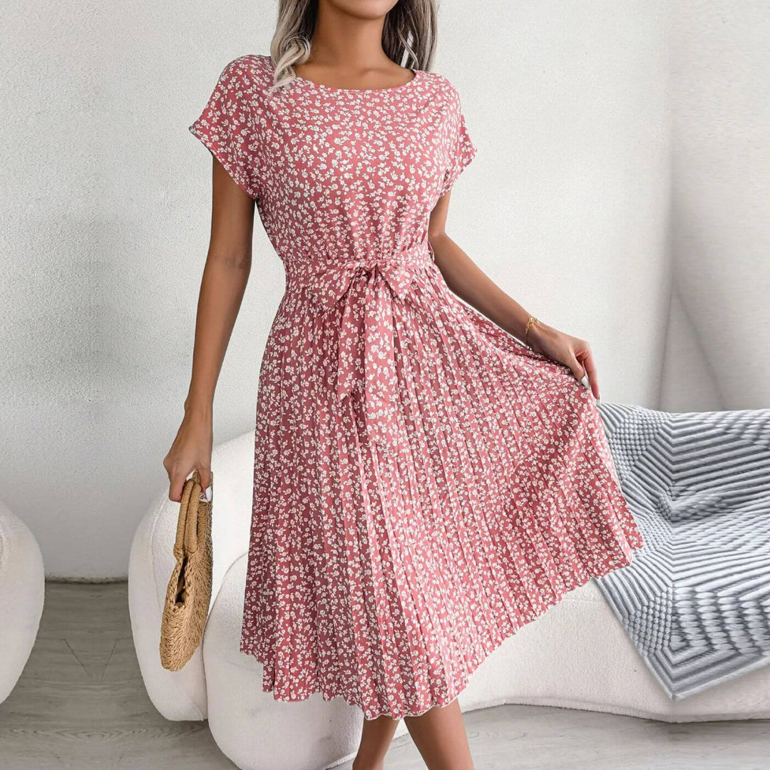 Floral print midi summer dress for women, featuring a chic tie waist, ideal for vacation or day events.