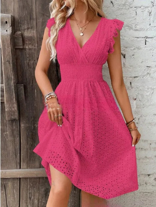 Chic V-neck eyelet midi dress for women. Flowy summer design with smocked waist & ruffled sleeves. Casual & elegant.