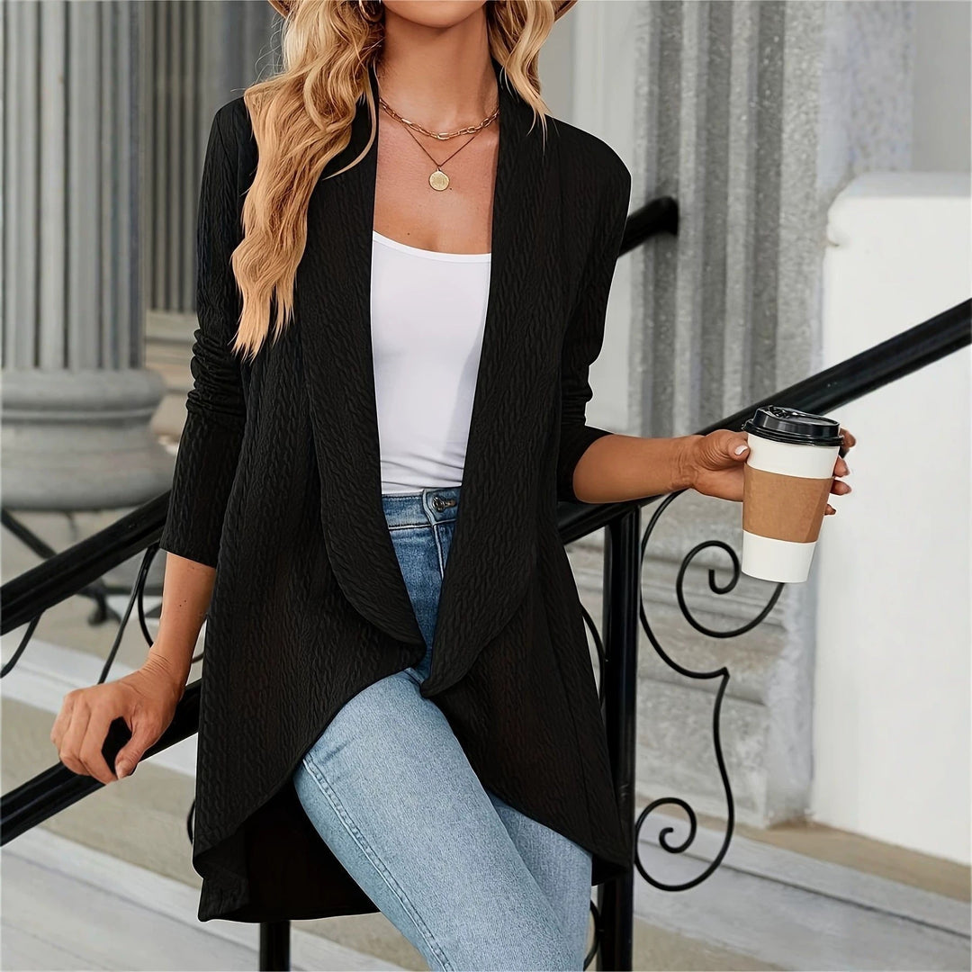 Open front women's blazer with a sophisticated draped lapel. A versatile jacket for business attire or smart casual looks.