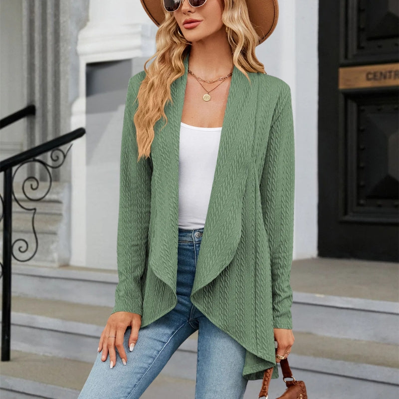 Versatile women's tailored blazer. Elegant draped lapel & open front design for chic smart casual or business attire.