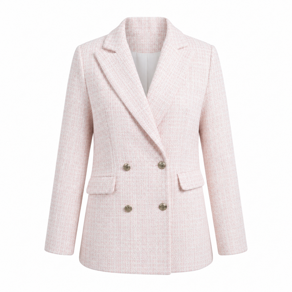 Stylish pink women's tailored blazer with peak lapels, a chic professional jacket for modern workwear & office.