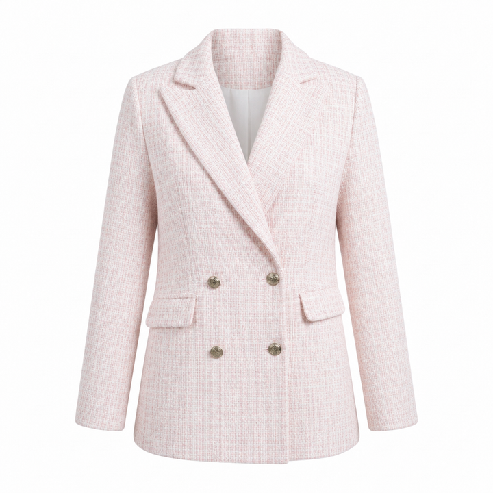 Stylish pink women's tailored blazer with peak lapels, a chic professional jacket for modern workwear & office.