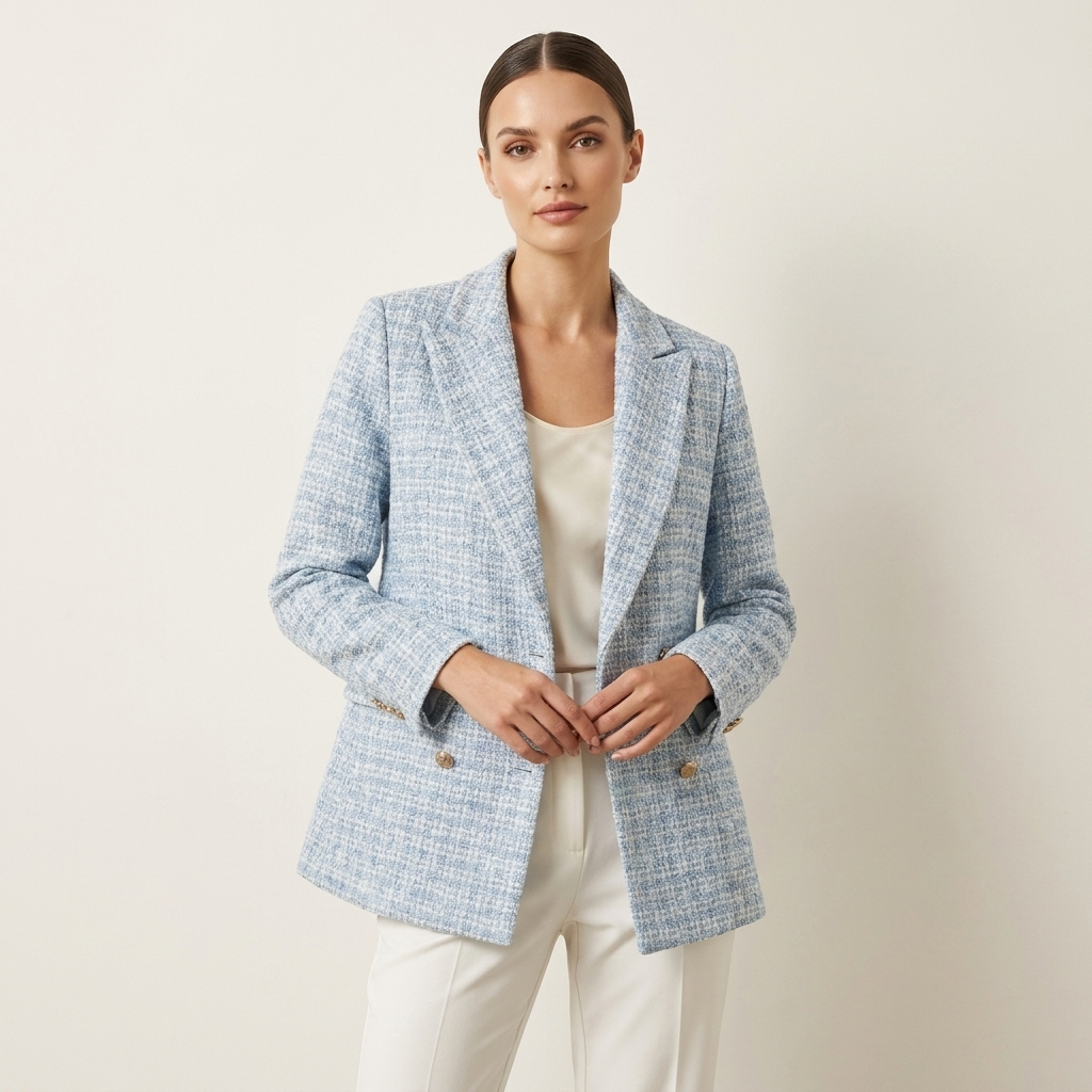 Sky blue women's tailored peak lapel blazer for professional workwear and office fashion. Elegant business attire.