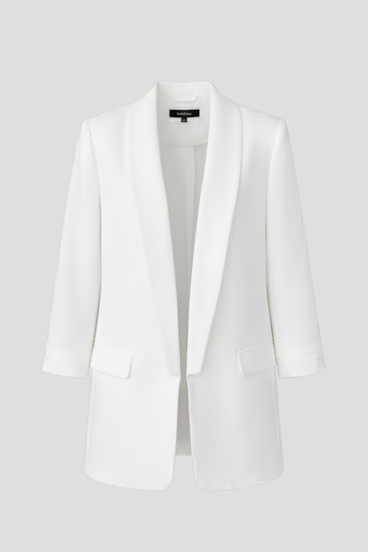 Modern women's tailored blazer with a chic open front style & elegant shawl lapel. Fashionable & versatile.