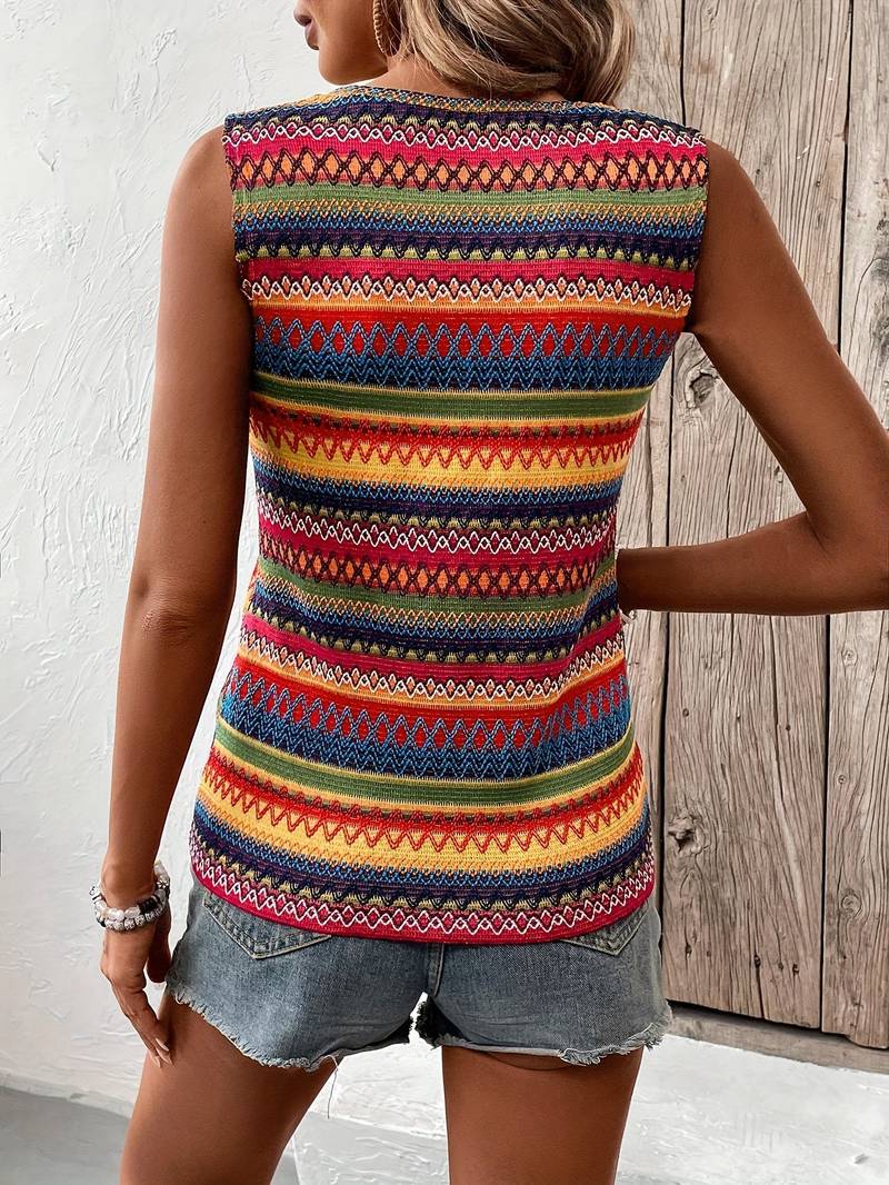 Trendy boho chic sleeveless tank top for women, featuring a vibrant Aztec print for summer fashion.