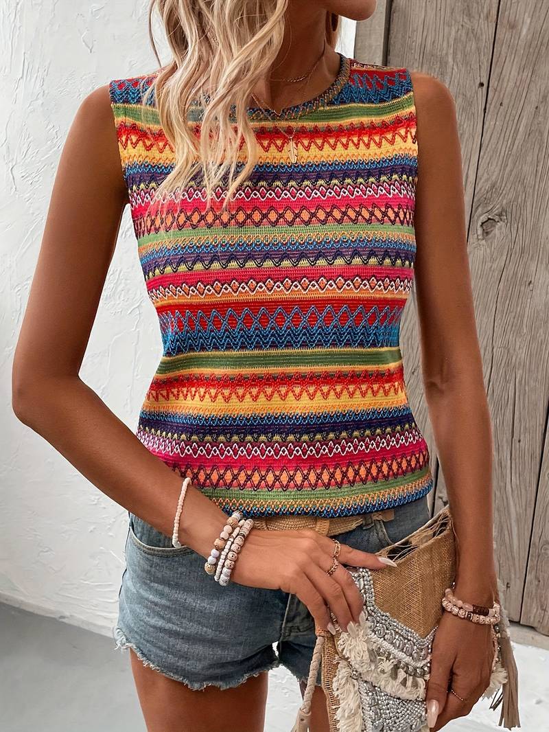 Multicolor women's aztec print tank top, a stylish and vibrant sleeveless summer top.
