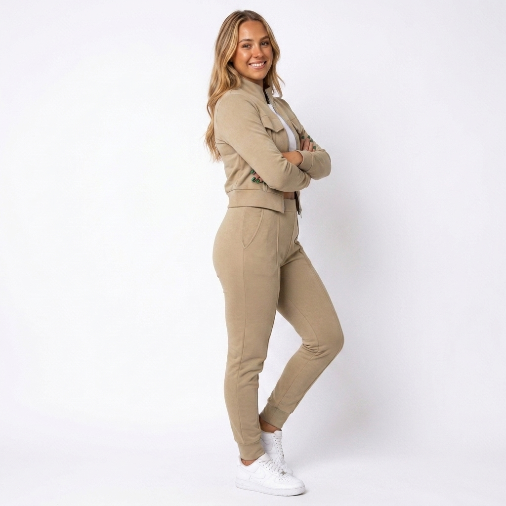 Women's matching set: cozy zip-up tracksuit top and joggers for ultimate comfort, casual wear, and fashion.