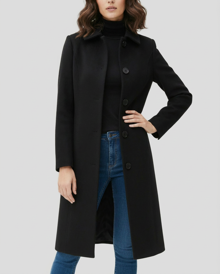 Stylish women's long trench coat with a single-breasted design. Perfect for elegant layering & classic fall fashion.