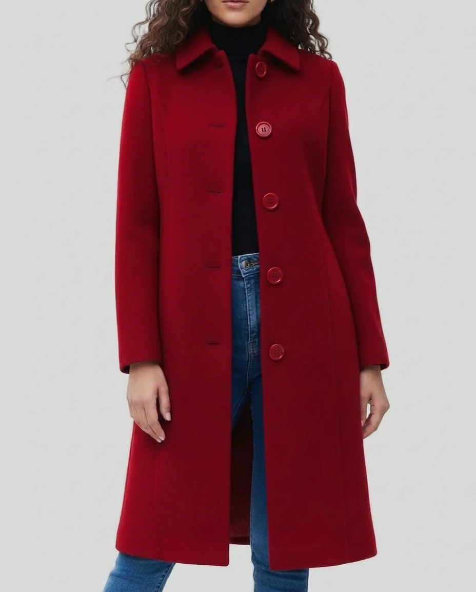 Chic single-breasted women's long trench coat. A classic elegant outerwear piece for stylish fall & winter fashion.