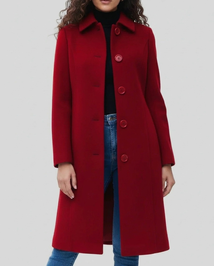 Chic single-breasted women's long trench coat. A classic elegant outerwear piece for stylish fall & winter fashion.