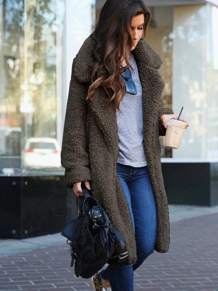 Isla: a trendy, warm, long teddy coat for fashionable women.
