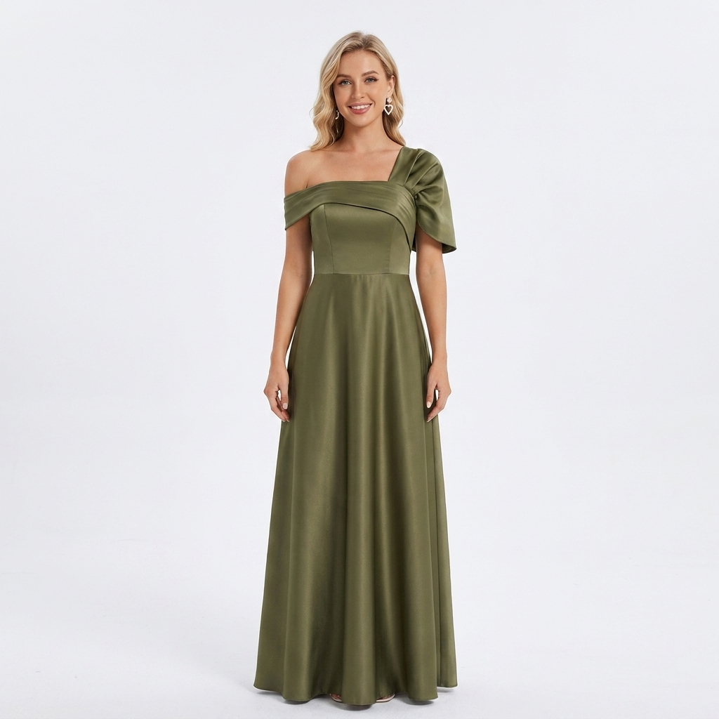 Stylish women's one shoulder maxi dress with ruffles & draped detail, ideal for evening parties & guests.