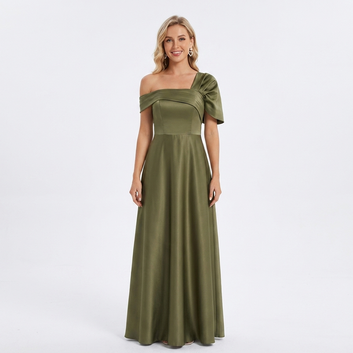 Stylish women's one shoulder maxi dress with ruffles & draped detail, ideal for evening parties & guests.