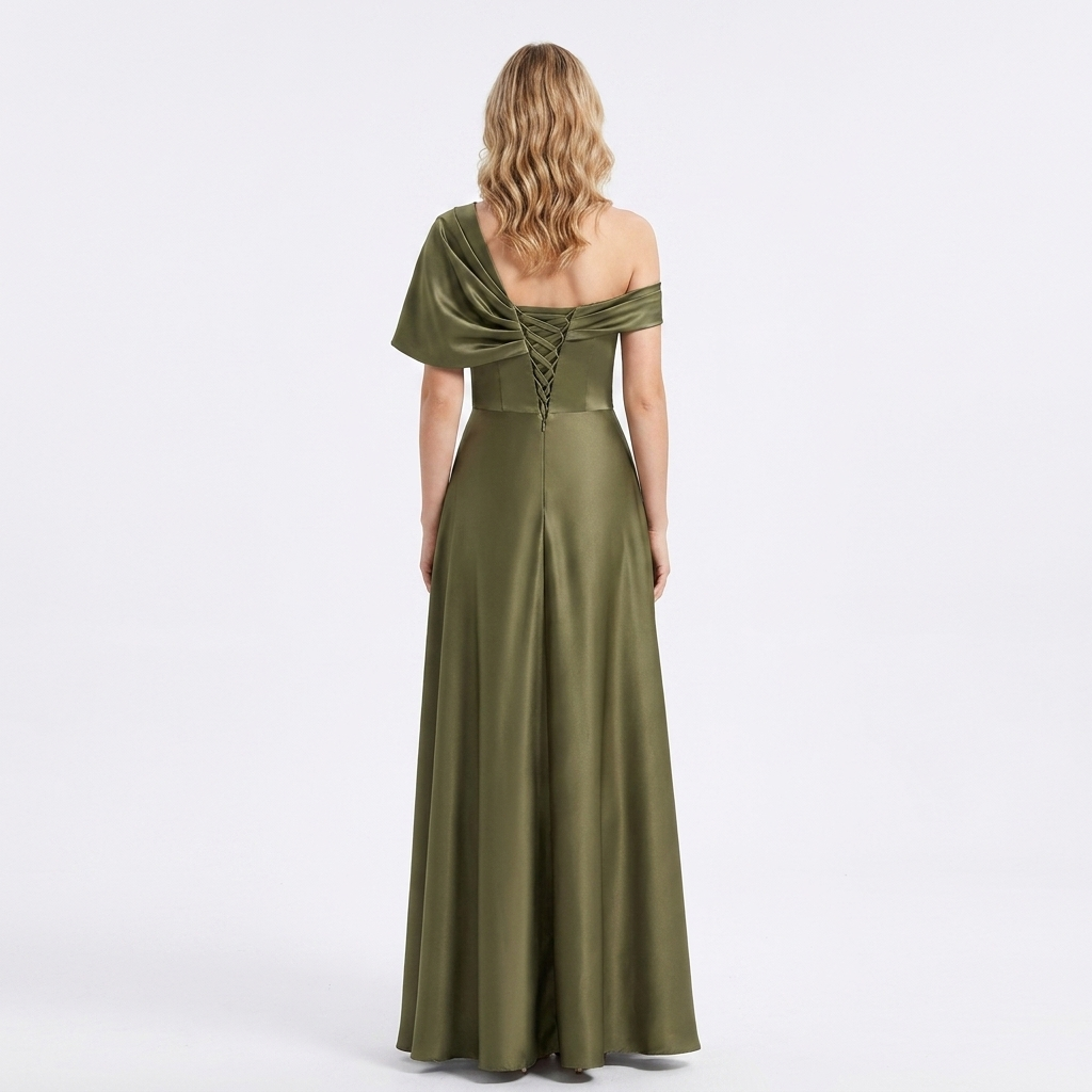 Formal women's one shoulder ruffle maxi dress. A chic, elegant choice for wedding guests & evening wear.