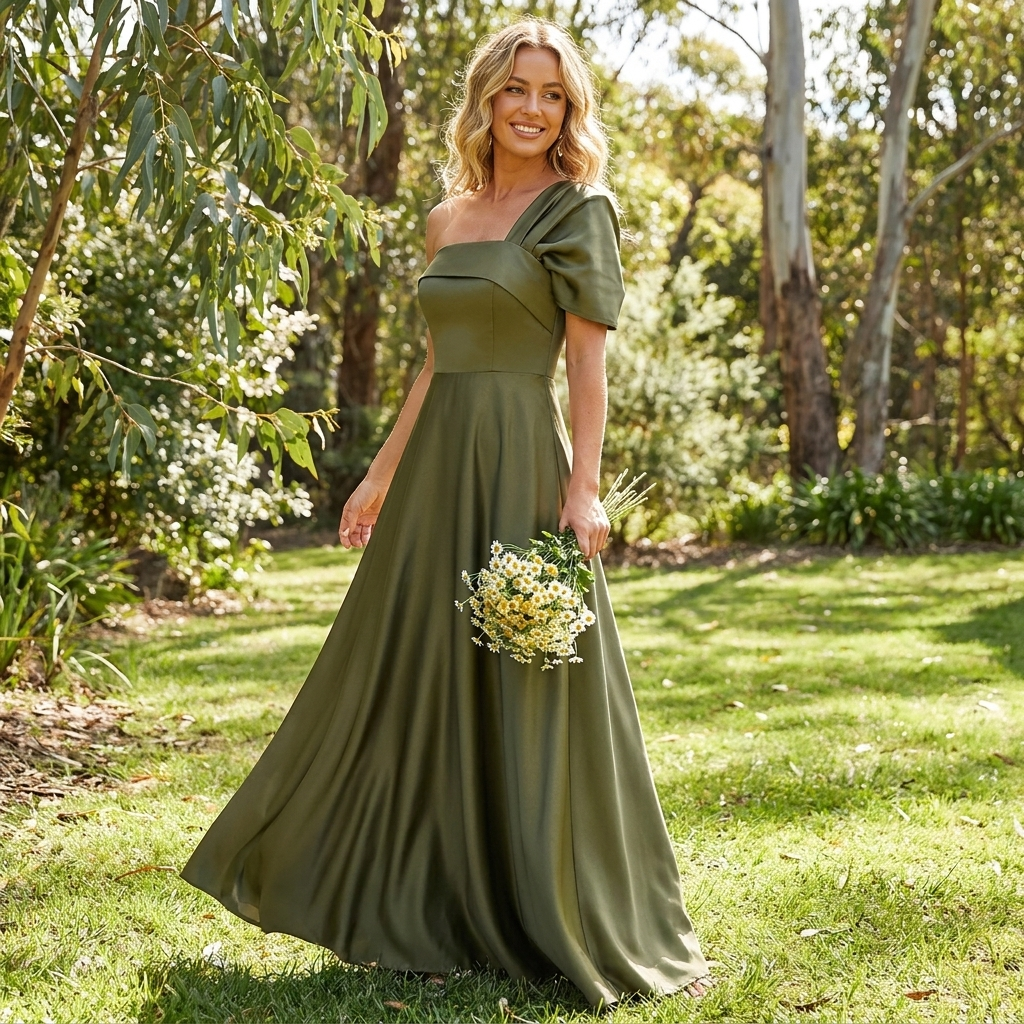 Fashionable women's one shoulder ruffle maxi dress, a sophisticated and comfortable option for special events.