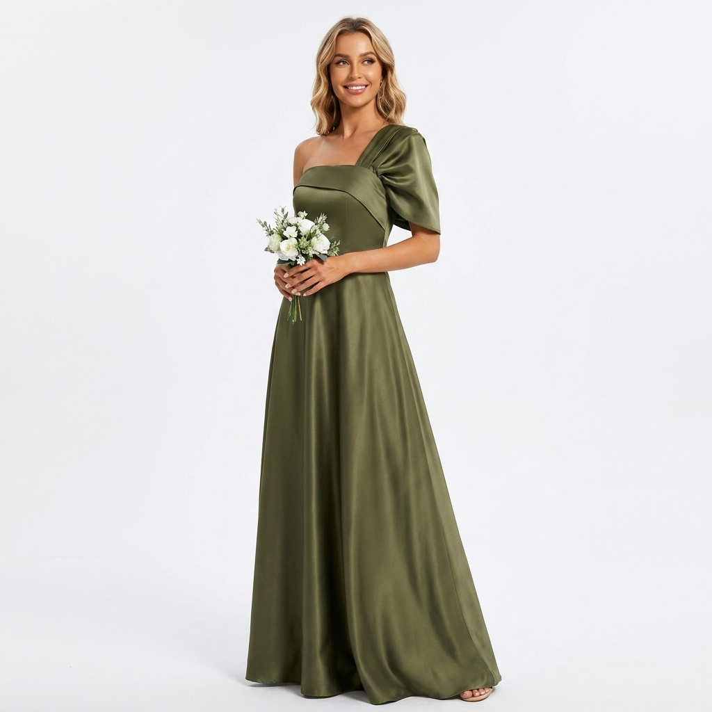Elegant women's one shoulder ruffle maxi wedding guest dress, perfect for formal events & special occasions.