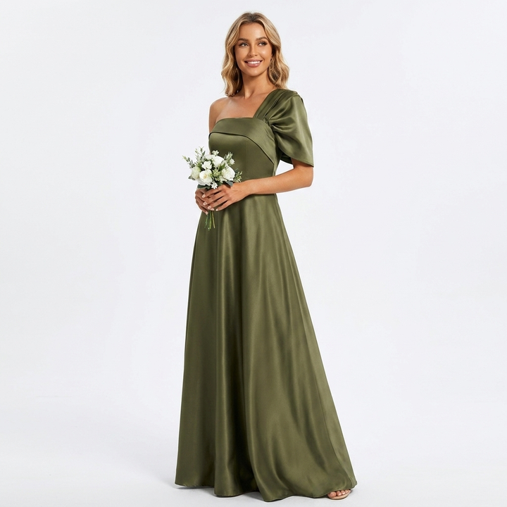 Elegant women's one shoulder ruffle maxi wedding guest dress, perfect for formal events & special occasions.