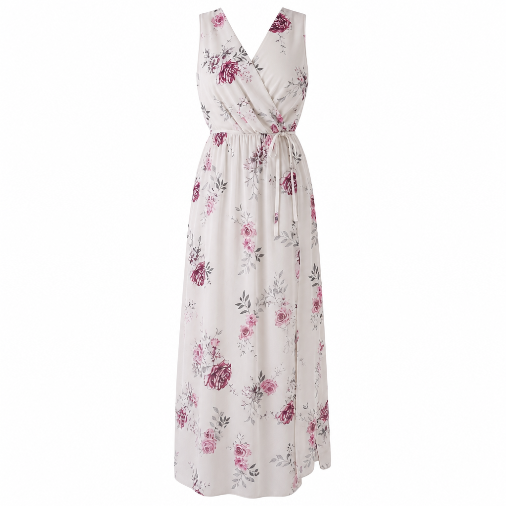 Pink floral V-neck wrap maxi dress for women. Chic wedding guest dress, ideal for special occasion evenings.