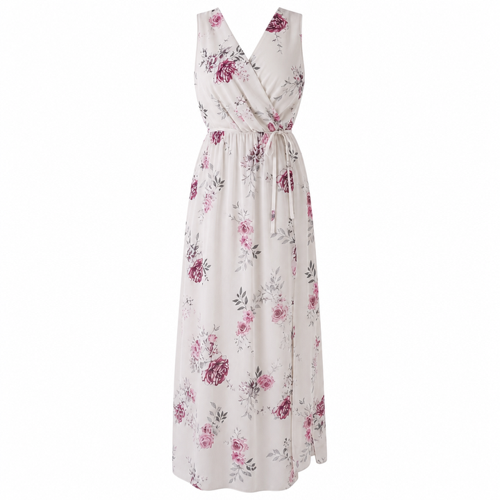 Pink floral V-neck wrap maxi dress for women. Chic wedding guest dress, ideal for special occasion evenings.