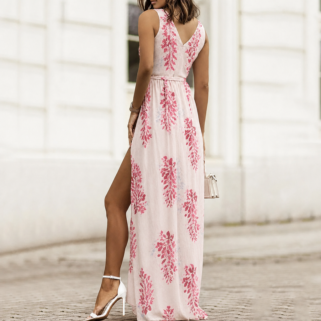 Black floral V-neck maxi dress for women, with wrap design. Stylish wedding guest or special occasion attire.