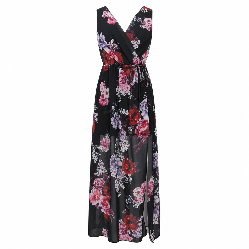 Beautiful sleeveless floral maxi dress with V-neck. Elegant women's wedding guest or evening party attire.