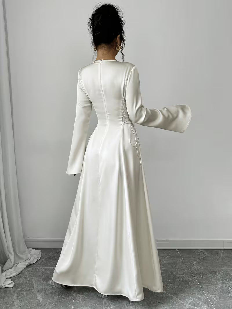 Beautiful white bell sleeve formal maxi dress for women, a sophisticated choice for weddings & elegant events.